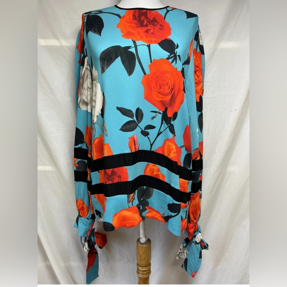 MSGM Colorful Floral Knit Blouse Tunic Long Tie Sleeves Sz 42 8 M Rose Turquoise